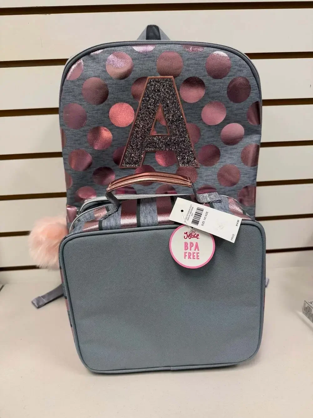Justice Initial  A Rose Gold Foil Backpack + Lunch Tote Bag NWT